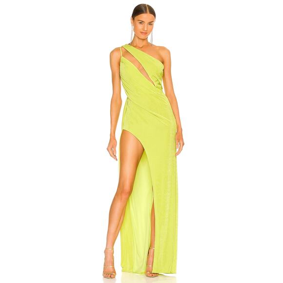 Katie May A Cut Above Gown One Shoulder Cut Out Side Slit Chartreuse Neon Gala S - Picture 2 of 12